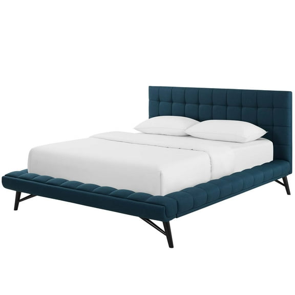 Contemporary Modern Urban Designer Bedroom Queen Size Platform Bed Frame, Fabric, Blue