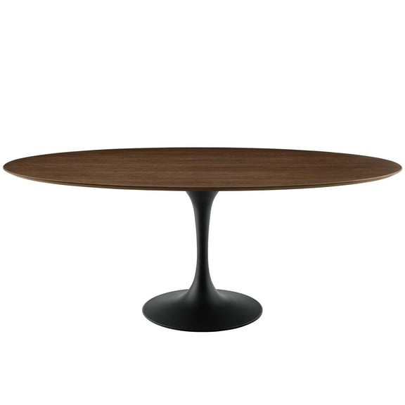 Contemporary Modern Urban Designer Kitchen Room Oval Dining Table, Wood Aluminum, Black Walnut Brown