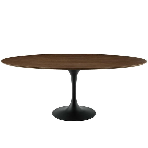 Contemporary Modern Urban Designer Kitchen Room Oval Dining Table, Wood Aluminum, Black Walnut Brown