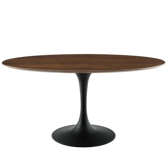 Contemporary Modern Urban Designer Kitchen Room Oval Dining Table, Wood Metal Steel, Black Walnut Brown