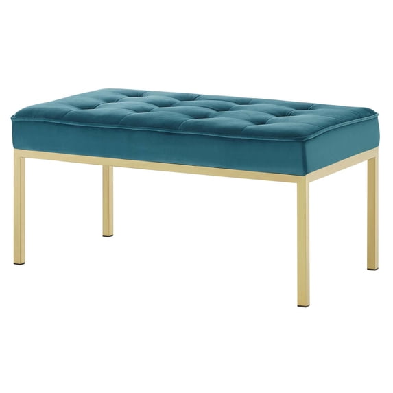 Contemporary Modern Urban Designer Living Room Lounge Club Lobby Accent Chair Bench, Velvet Fabric, Gold Aqua Blue