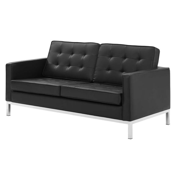 Contemporary Modern Urban Designer Living Room Lounge Club Lobby Loveseat Sofa, Faux Vinyl Leather, Black Silver