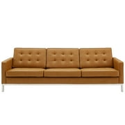 Contemporary Modern Urban Designer Living Room Lounge Club Lobby Sofa, Faux Vinyl Leather Metal Steel, Tan Brown