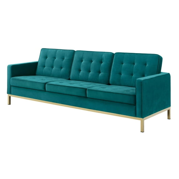 Contemporary Modern Urban Designer Living Room Lounge Club Lobby Sofa, Velvet Fabric Metal Steel, Gold Aqua Blue