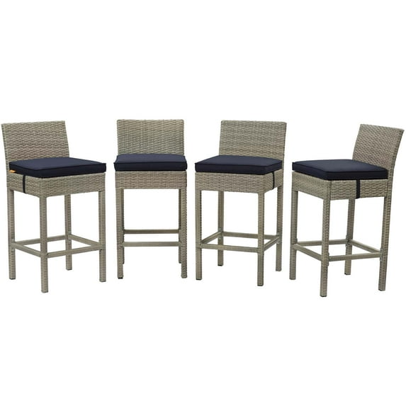 Contemporary Modern Urban Designer Outdoor Patio Balcony Garden Furniture Bar Side Stool Chair, Set of Four, Fabric Rattan Wicker, Navy Blue