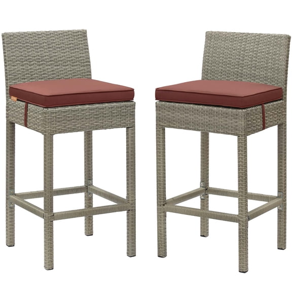 Contemporary Modern Urban Designer Outdoor Patio Balcony Garden Furniture Bar Side Stool Chair, Set of Two, Fabric Rattan Wicker, Dark Red