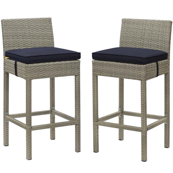 Contemporary Modern Urban Designer Outdoor Patio Balcony Garden Furniture Bar Side Stool Chair, Set of Two, Fabric Rattan Wicker, Navy Blue