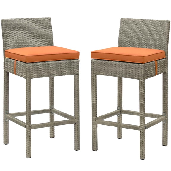 Contemporary Modern Urban Designer Outdoor Patio Balcony Garden Furniture Bar Side Stool Chair, Set of Two, Fabric Rattan Wicker, Orange