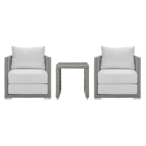 Contemporary Modern Urban Designer Outdoor Patio Balcony Garden Furniture Lounge Chair and Coffee Side Table Set, Rattan Wicker Fabric, Grey Gray White