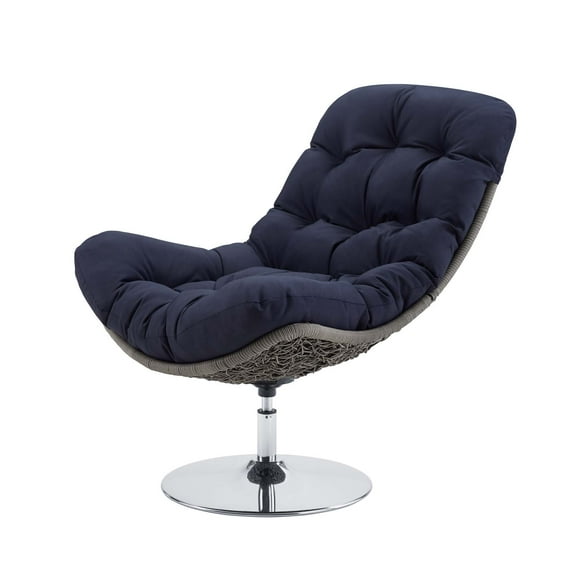 Contemporary Modern Urban Designer Outdoor Patio Balcony Garden Furniture Lounge Chair, Rattan Wicker Fabric Metal, Navy Blue