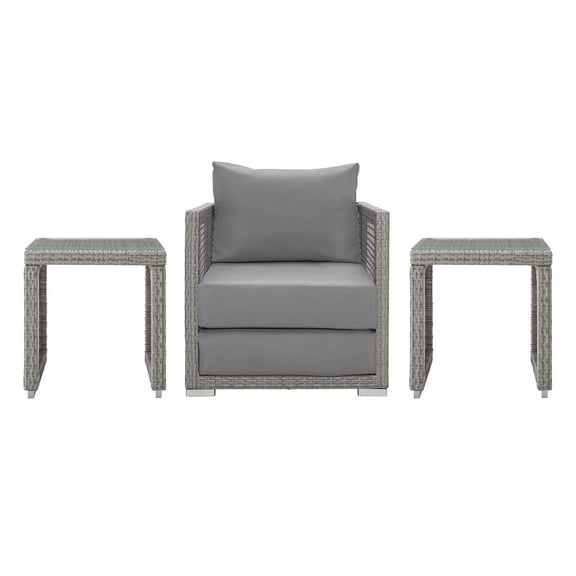 Contemporary Modern Urban Designer Outdoor Patio Balcony Garden Furniture Lounge Chair and Coffee Side Table Set, Rattan Wicker Fabric, Grey Gray