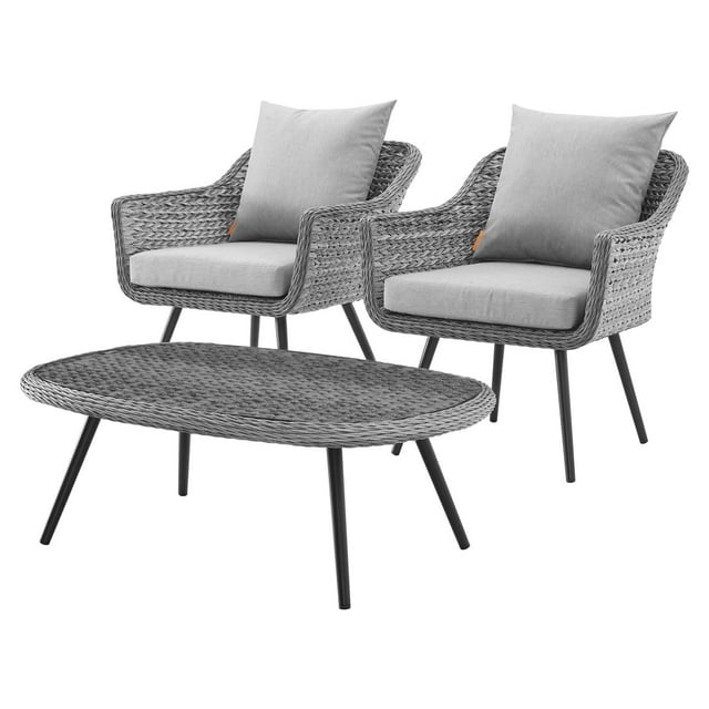 Contemporary Modern Urban Designer Outdoor Patio Balcony Garden Furniture Lounge Chair and Coffee Table Set, Aluminum Fabric Wicker Rattan, Grey Gray