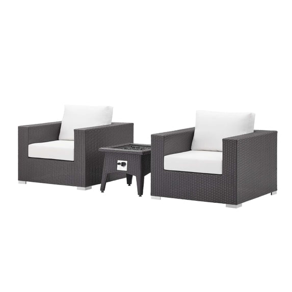 Contemporary Modern Urban Designer Outdoor Patio Balcony Garden Furniture Lounge Chair and Table Fire Pit Set, Fabric Rattan Wicker, White