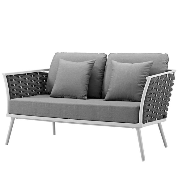Contemporary Modern Urban Designer Outdoor Patio Balcony Garden Furniture Lounge Loveseat Sofa, Aluminum Fabric, White Grey Gray