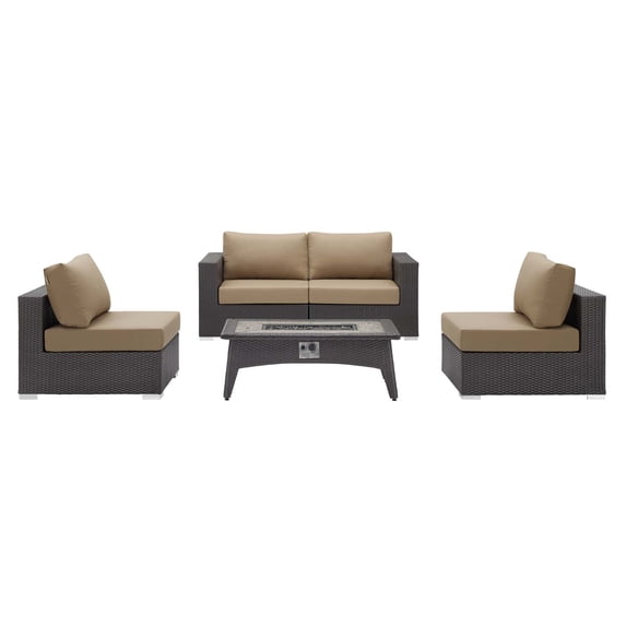 Contemporary Modern Urban Designer Outdoor Patio Balcony Garden Furniture Lounge Sofa, Chair and Coffee Table Fire Pit Set, Fabric Rattan Wicker, Beige
