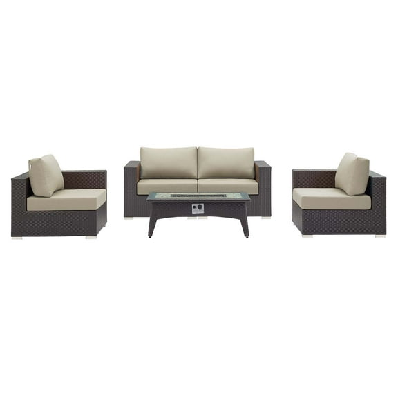 Contemporary Modern Urban Designer Outdoor Patio Balcony Garden Furniture Lounge Sofa, Chair and Coffee Table Fire Pit Set, Fabric Rattan Wicker, Beige