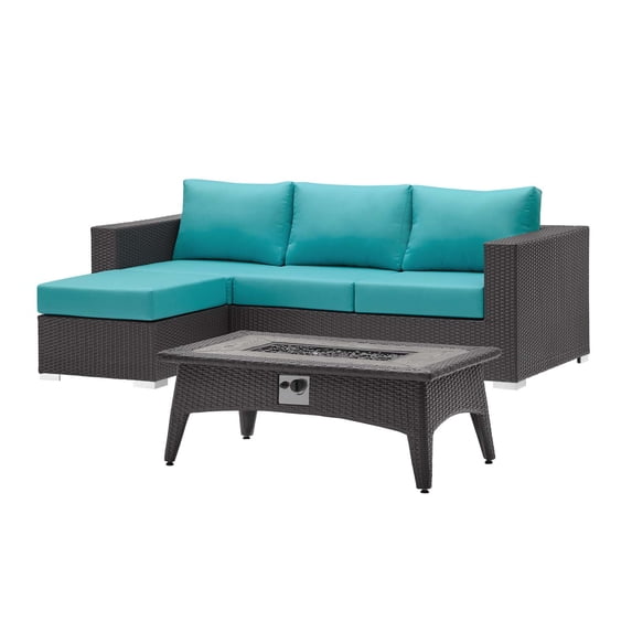 Contemporary Modern Urban Designer Outdoor Patio Balcony Garden Furniture Lounge Sofa, Chair and Coffee Table Fire Pit Set, Fabric Rattan Wicker, Blue