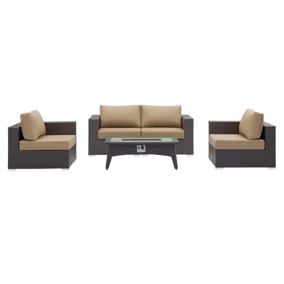 Contemporary Modern Urban Designer Outdoor Patio Balcony Garden Furniture Lounge Sofa, Chair and Coffee Table Fire Pit Set, Fabric Rattan Wicker, Light Brown