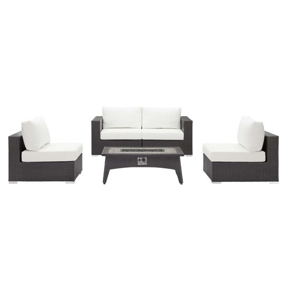 Contemporary Modern Urban Designer Outdoor Patio Balcony Garden Furniture Lounge Sofa, Chair and Coffee Table Fire Pit Set, Fabric Rattan Wicker, White