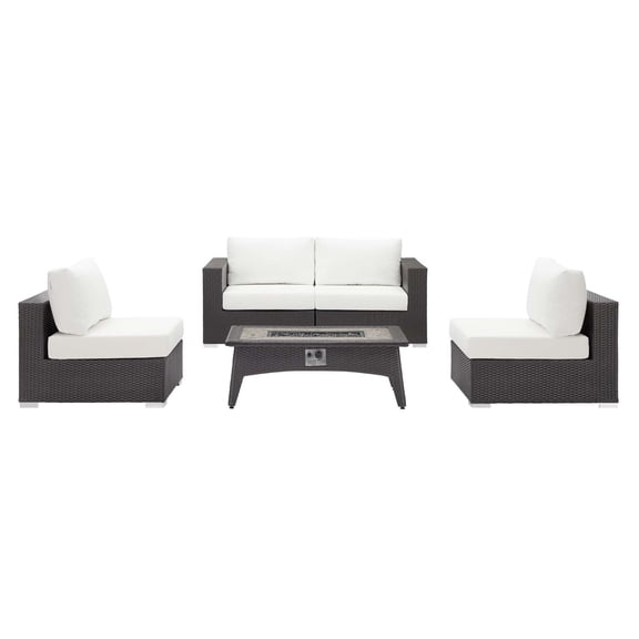 Contemporary Modern Urban Designer Outdoor Patio Balcony Garden Furniture Lounge Sofa, Chair and Coffee Table Fire Pit Set, Fabric Rattan Wicker, White