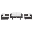 thumbnail image 1 of Contemporary Modern Urban Designer Outdoor Patio Balcony Garden Furniture Lounge Sofa, Chair and Coffee Table Fire Pit Set, Fabric Rattan Wicker, White, 1 of 8