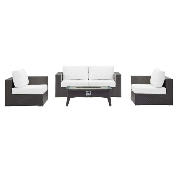 Contemporary Modern Urban Designer Outdoor Patio Balcony Garden Furniture Lounge Sofa, Chair and Coffee Table Fire Pit Set, Fabric Rattan Wicker, White