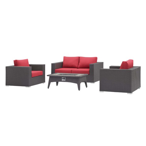 Contemporary Modern Urban Designer Outdoor Patio Balcony Garden Furniture Lounge Sofa, Chair and Coffee Table Fire Pit Set, Fabric Rattan Wicker, Red