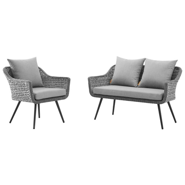 Contemporary Modern Urban Designer Outdoor Patio Balcony Garden Furniture Lounge Sofa and Chair Set, Aluminum Fabric Wicker Rattan, Grey Gray