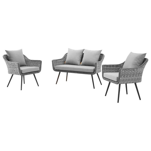 Contemporary Modern Urban Designer Outdoor Patio Balcony Garden Furniture Lounge Sofa and Chair Set, Aluminum Fabric Wicker Rattan, Grey Gray
