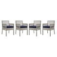 thumbnail image 1 of Contemporary Modern Urban Designer Outdoor Patio Balcony Garden Furniture Side Dining Armchair Chair, Set of Four, Fabric Rattan Wicker, Grey Gray Navy Blue, 1 of 6