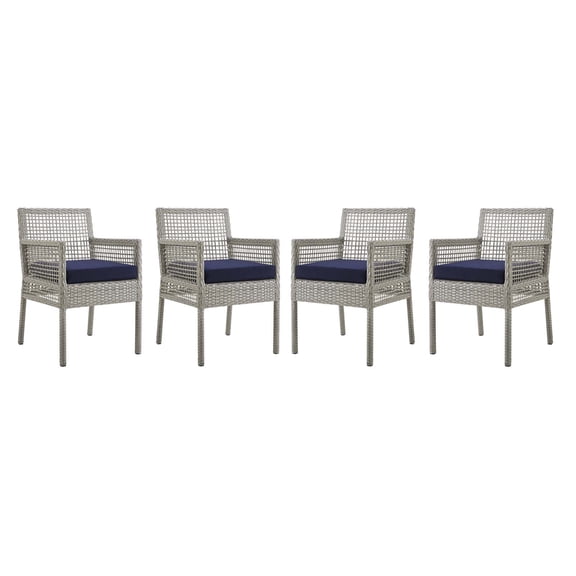Contemporary Modern Urban Designer Outdoor Patio Balcony Garden Furniture Side Dining Armchair Chair, Set of Four, Fabric Rattan Wicker, Grey Gray Navy Blue