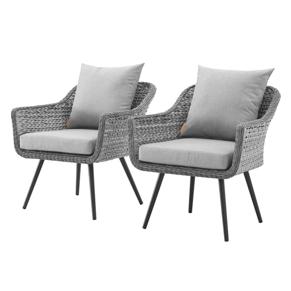 Contemporary Modern Urban Designer Outdoor Patio Balcony Garden Furniture Side Dining Armchair Chair, Set of Two, Fabric Rattan Wicker, Grey Gray