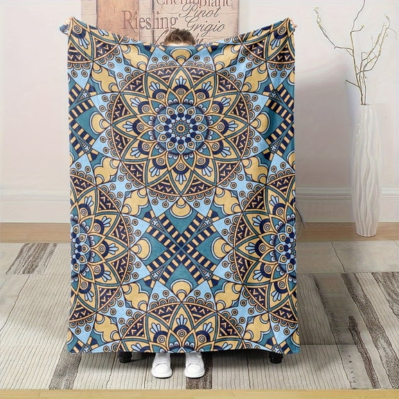 Contemporary Moroccan Style Flannel Throw Blanket - Digital Print, Flower Pattern, Stain Resistant, All-Season Hypoallergenic Polyester Bedding - Multipurpose