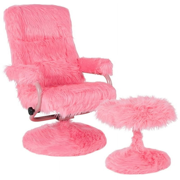 Contemporary Multi-Position Recliner and Ottoman in Pink Fur