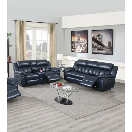 Contemporary Navy Blue Living Room Reclining Sofa set 2pcs Sofa Loveseat w Console Plush Padded Headrest Armrest