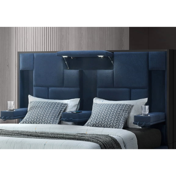 Contemporary Navy Blue Queen Bed, 61.42 In. Height, Led Feature High, Bed With Wireless