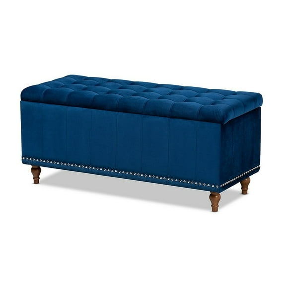 Contemporary Navy Blue Velvet Fabric Upholstered Button-Tufted Storage Ottoman Bench, Navy Blue, Brown
