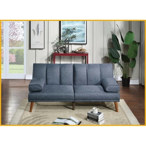 Contemporary Navy Linen-Like Polyfiber Convertible Sofa – 71” Adjustable Couch with Solid Wood Legs for Living Room