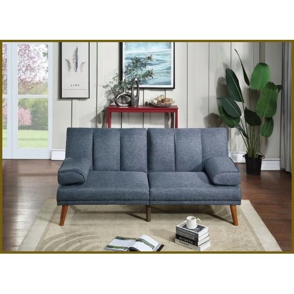 Contemporary Navy Polyfiber Adjustable Sofa - 71" Linen-Like Couch with Solid Wood Legs for Living Room