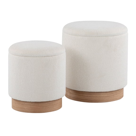 Contemporary Nesting Ottoman Set in Natural Wood and Cream Fabric