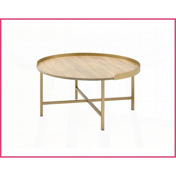 Contemporary Oak & Gold Finish Coffee Table - Round Tray Top with Cross Metal Base, Graceful & Sturdy