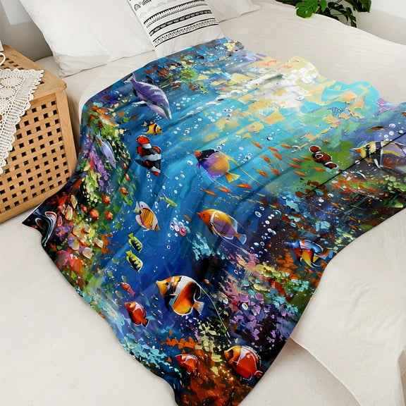 Contemporary Oceanic Fish Tapestry Throw Blanket, Soft Flannel Knitted Polyester, All-Season Comfort for Sofa, TV, Office, Nautical Animal Enthusiast Decor, Mixed Color Underwater World Design
