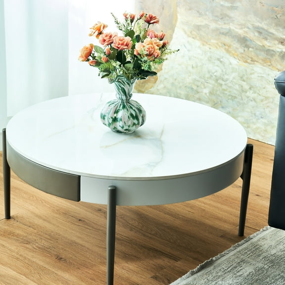 Contemporary Office Coffee Table With Ceramic Surface And Storage - White Stylish Sintered Stone Top Metal Legs Gray