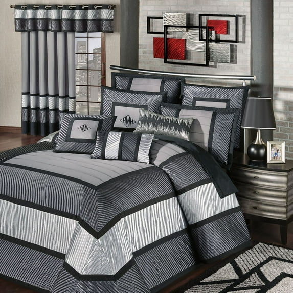 Contemporary Omega Monochromatic Dark Gray Silver Black Bedspread Grande Cal King