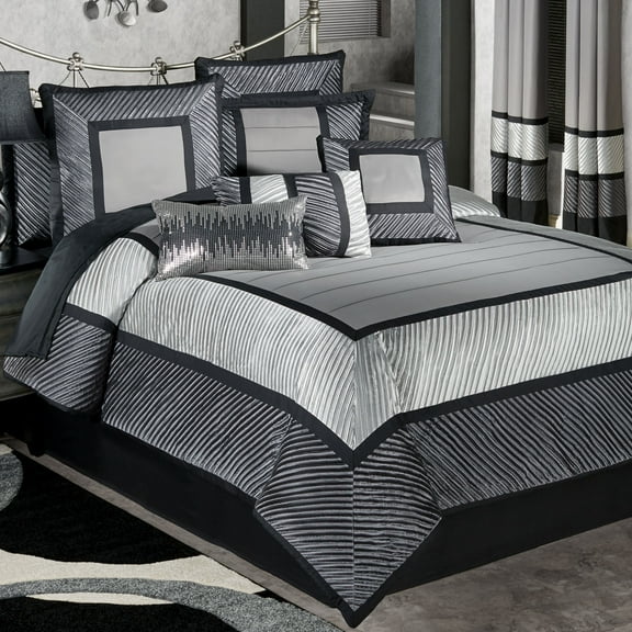 Contemporary Omega Monochromatic Dark Gray Silver Black Comforter Set King