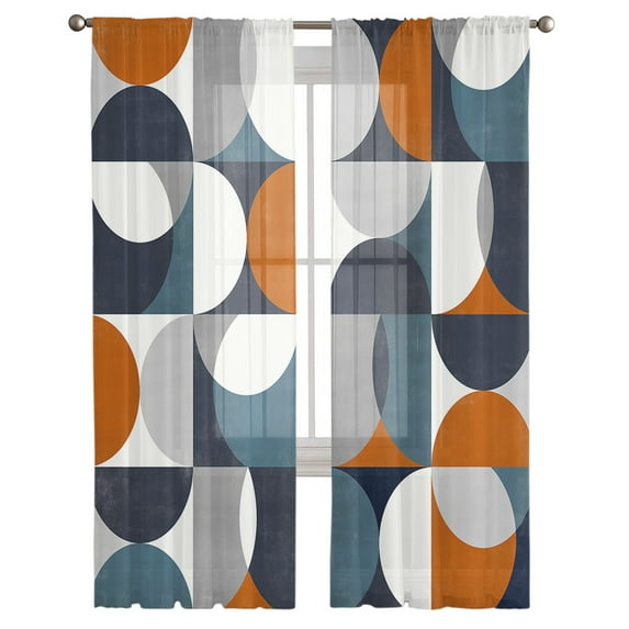 Contemporary Orange, Semi Sheer Curtains 108 Inch Length 2 Panels Set, Middle Century Abstract Geomrtry Sheer Kitchen Curtain Privacy Voile Window Curtain for Living Room Bedroom Rod Pocket Drapes