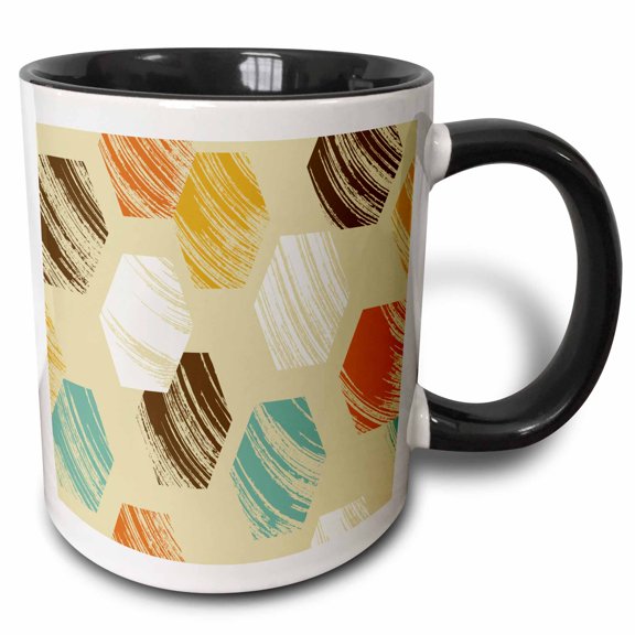 3drose, Contemporary Orange, White, Brown, and Aqua Brushed Hexagon Pattern, 11oz Two-tone Black Mug