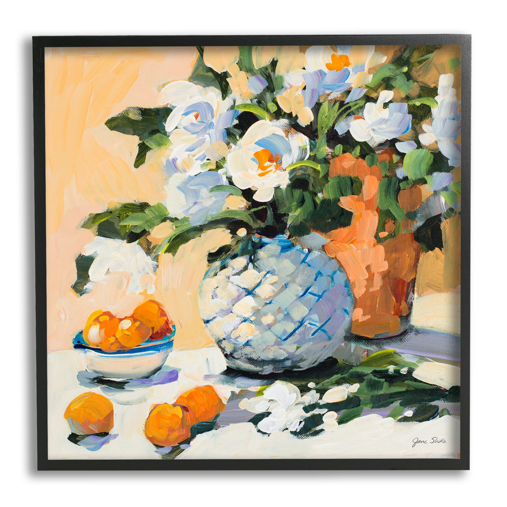 Contemporary Oranges and Spring Florals Table Still Life Botanical & Floral Framed Art Print Wall Art, 17x17