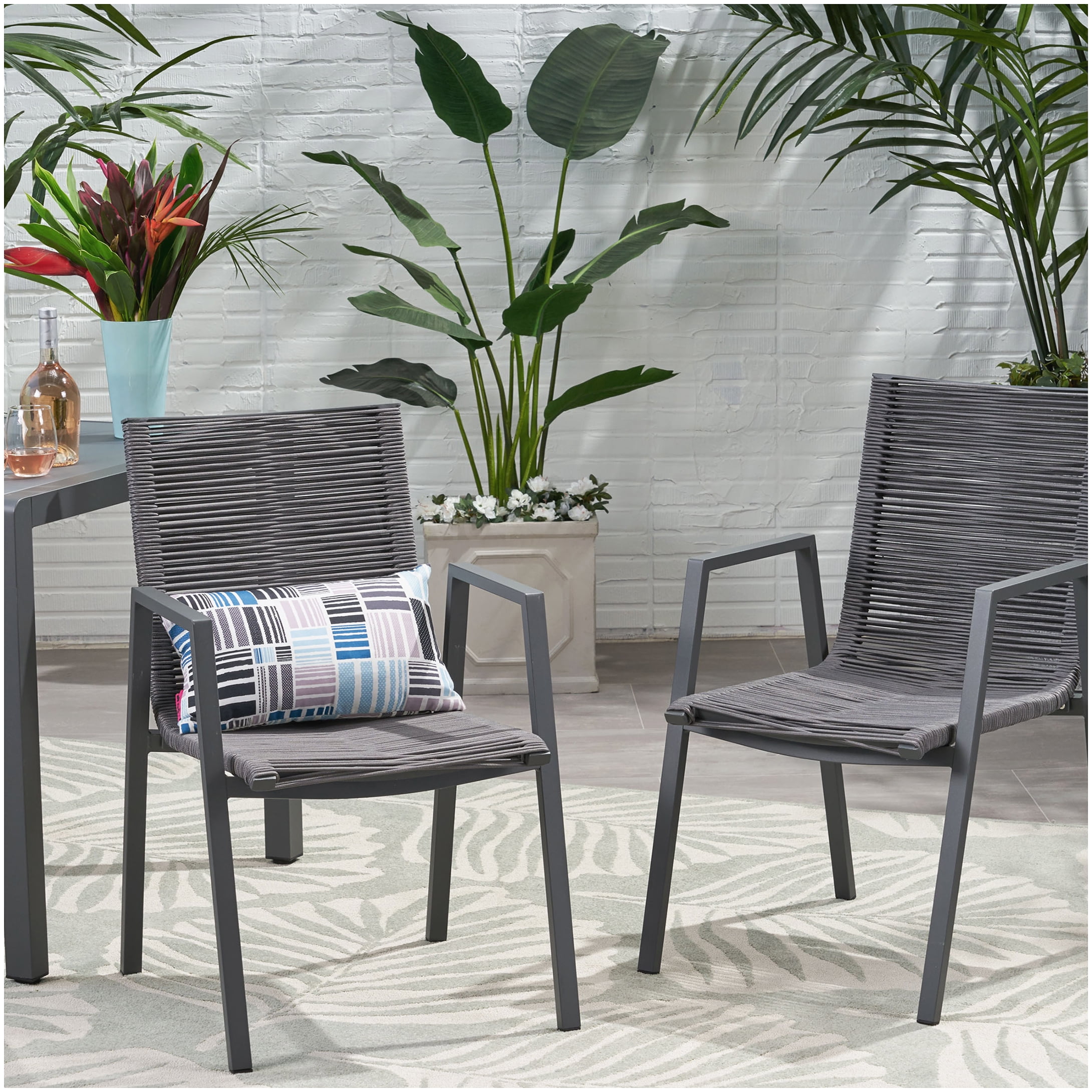 Contemporary Outdoor Chairs Set of 2, Gray Aluminum and Rope Design for Deck Porch Garden
