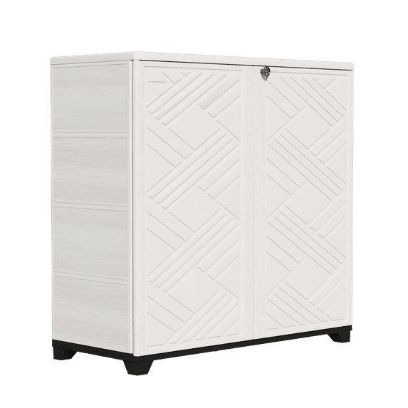 Contemporary Outdoor Storage Locker - 3 Adjustable Shelves with Geometric Pattern Doors (Shelves are not included) - White